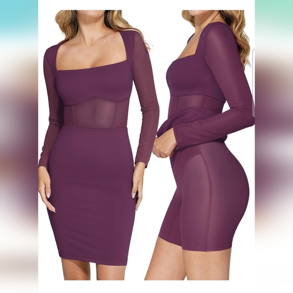 NWT Popilush Purple Longsleeve Mesh Bodycon Shapewear Dress Size Large - Picture 1 of 10